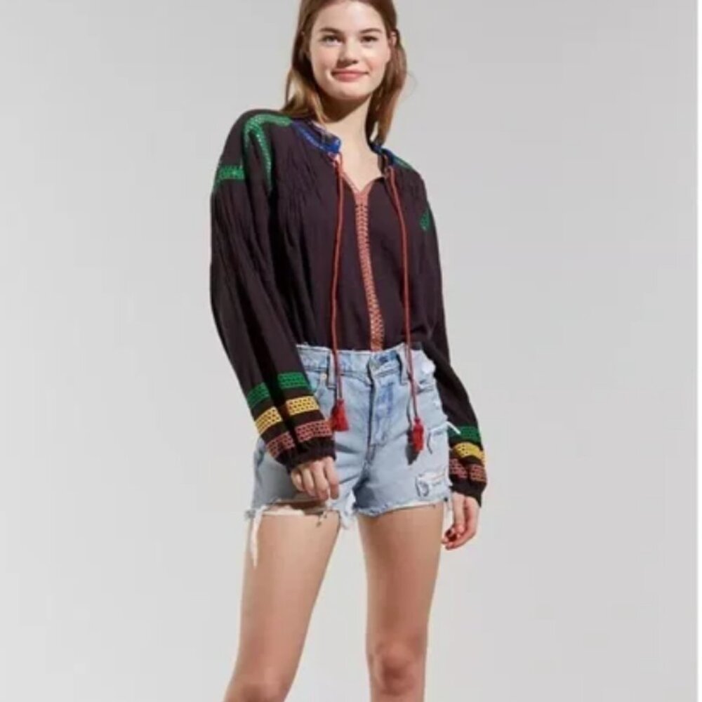 Urban Outfitters- Bonita Embroidered Tassel-Tie Blouse- Size Small